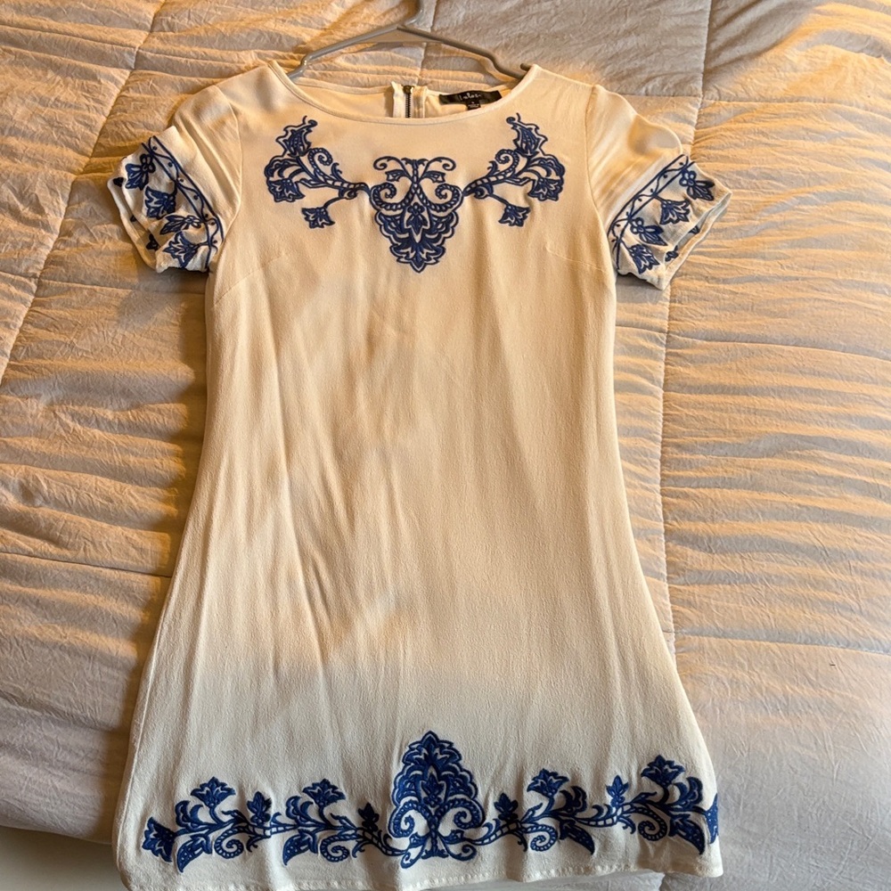 Lulu's Cream Dress with Navy Embroidery